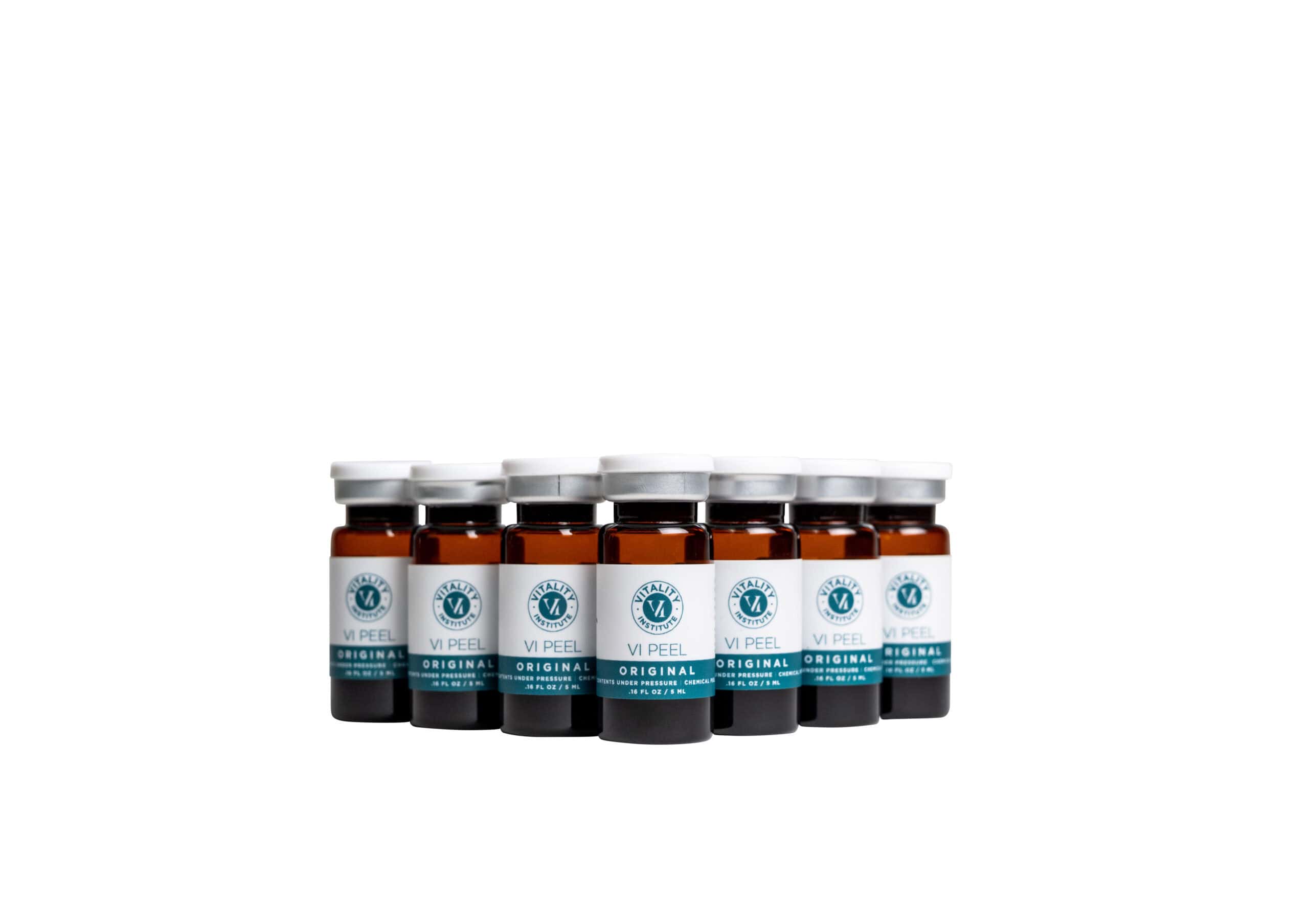 Collection of V Peel skin care supplement bottles for skin rejuvenation.