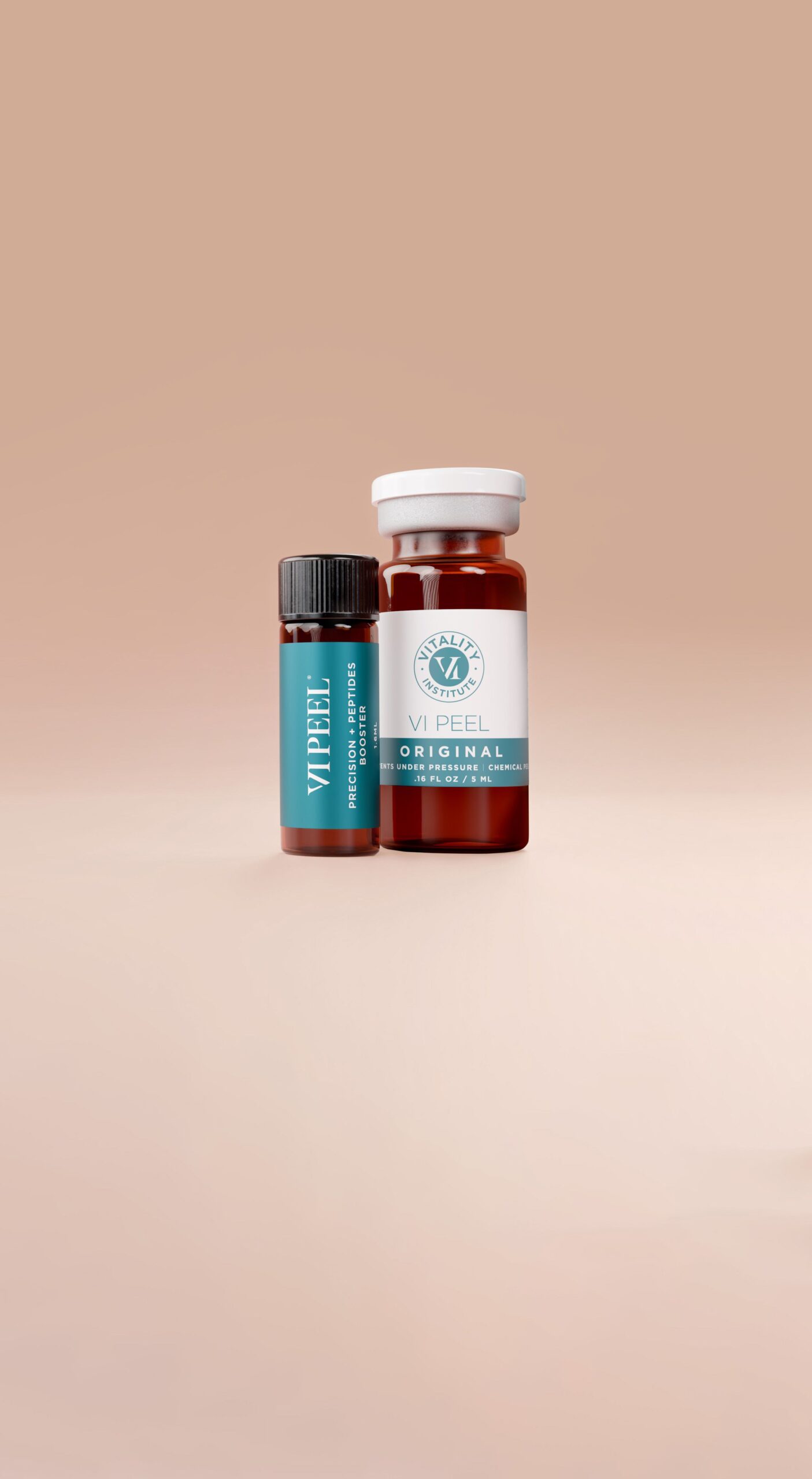 VI Peel Original and Precision Plus + Peptides Booster vial pair on a warm neutral background