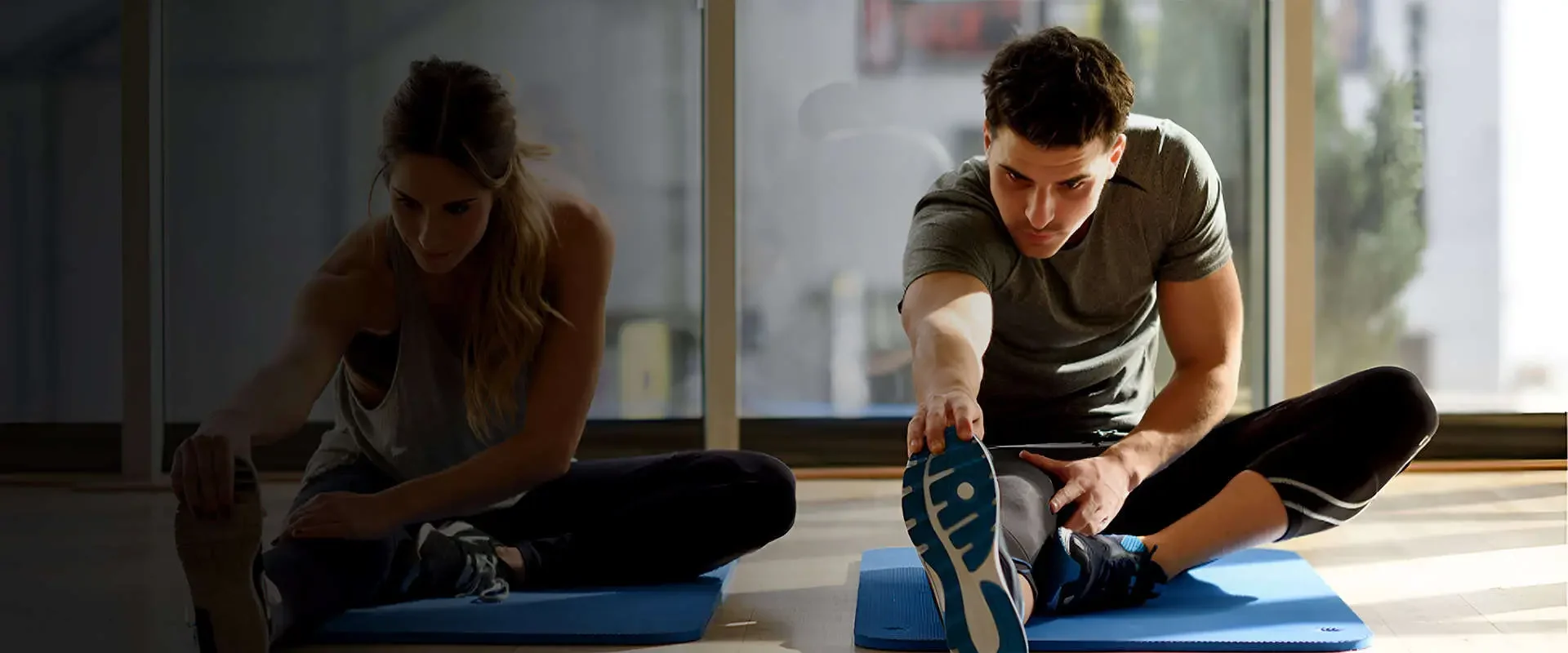 Stretching and mobility during a wellness session